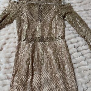 Long-Sleeve Lace Overlay Dress in Champagne Gold